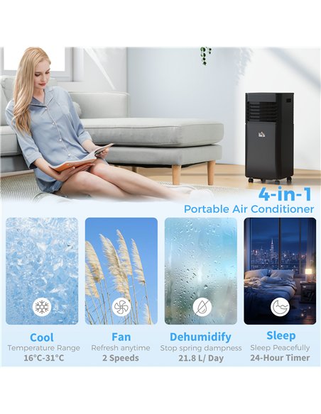HOMCOM 8000 BTU 4-In-1 Portable Air Conditioner Unit Cooling Dehumidifying Ventilating  for Room up to 27m², with Fan, Remote, 2