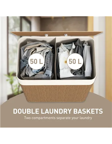 HOMCOM Double Laundry Basket with Lid, 100L Bamboo Laundry Hamper with Rope Handles, Washing Basket with Removable Liner for Bat