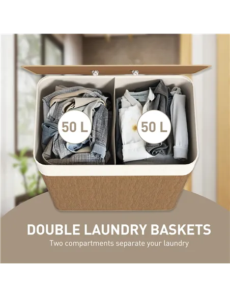 HOMCOM Double Laundry Basket with Lid, 100L Bamboo Laundry Hamper with Rope Handles, Washing Basket with Removable Liner for Bat