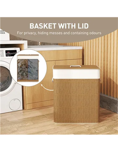 HOMCOM Double Laundry Basket with Lid, 100L Bamboo Laundry Hamper with Rope Handles, Washing Basket with Removable Liner for Bat