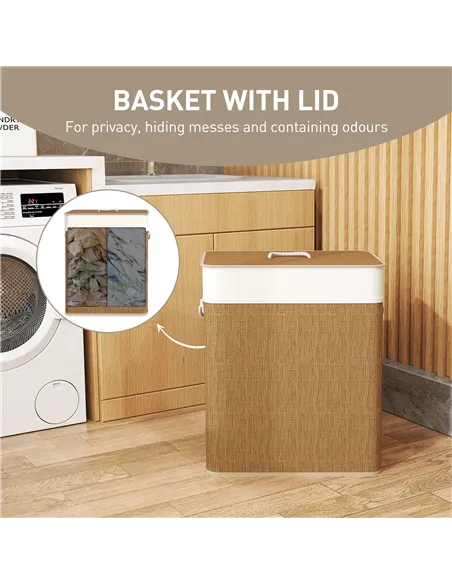 HOMCOM Double Laundry Basket with Lid, 100L Bamboo Laundry Hamper with Rope Handles, Washing Basket with Removable Liner for Bat