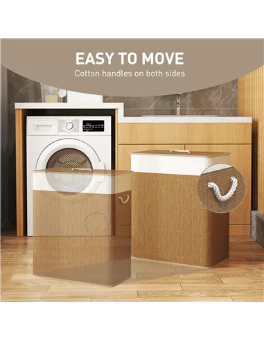 HOMCOM Double Laundry Basket with Lid, 100L Bamboo Laundry Hamper with Rope Handles, Washing Basket with Removable Liner for Bat