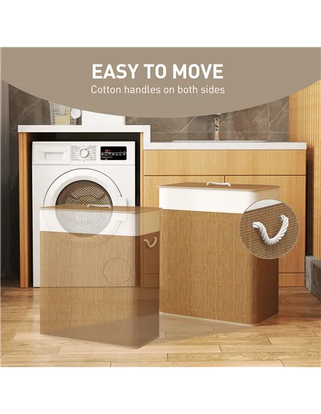 HOMCOM Double Laundry Basket with Lid, 100L Bamboo Laundry Hamper with Rope Handles, Washing Basket with Removable Liner for Bat