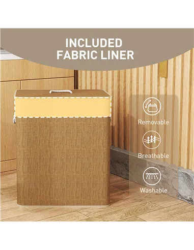 HOMCOM Double Laundry Basket with Lid, 100L Bamboo Laundry Hamper with Rope Handles, Washing Basket with Removable Liner for Bat