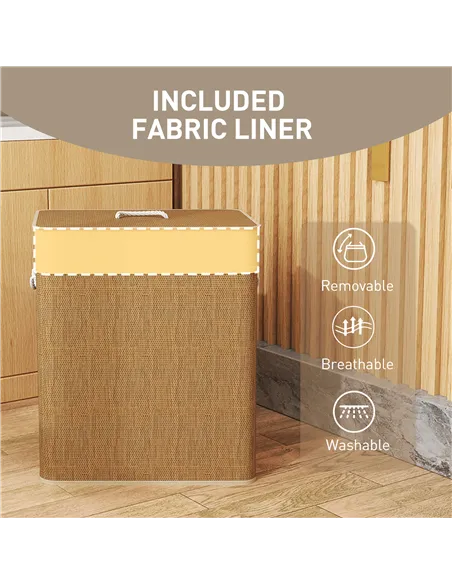 HOMCOM Double Laundry Basket with Lid, 100L Bamboo Laundry Hamper with Rope Handles, Washing Basket with Removable Liner for Bat