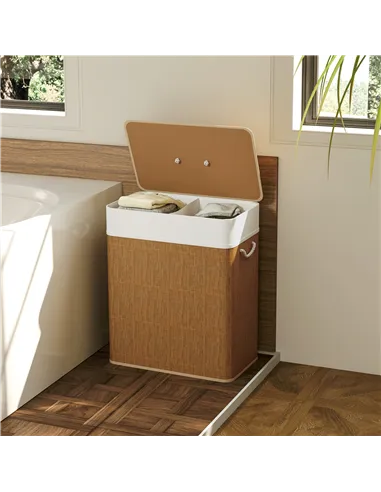 HOMCOM Double Laundry Basket with Lid, 100L Bamboo Laundry Hamper with Rope Handles, Washing Basket with Removable Liner for Bat