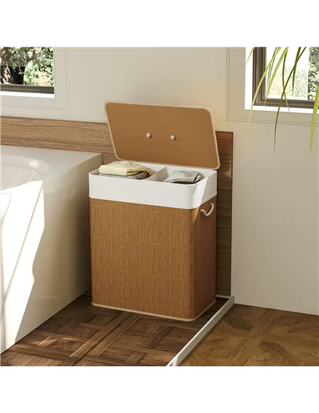 HOMCOM Double Laundry Basket with Lid, 100L Bamboo Laundry Hamper with Rope Handles, Washing Basket with Removable Liner for Bat