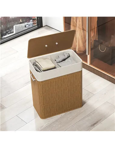 HOMCOM Double Laundry Basket with Lid, 100L Bamboo Laundry Hamper with Rope Handles, Washing Basket with Removable Liner for Bat