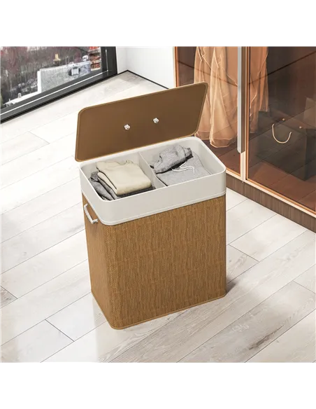 HOMCOM Double Laundry Basket with Lid, 100L Bamboo Laundry Hamper with Rope Handles, Washing Basket with Removable Liner for Bat