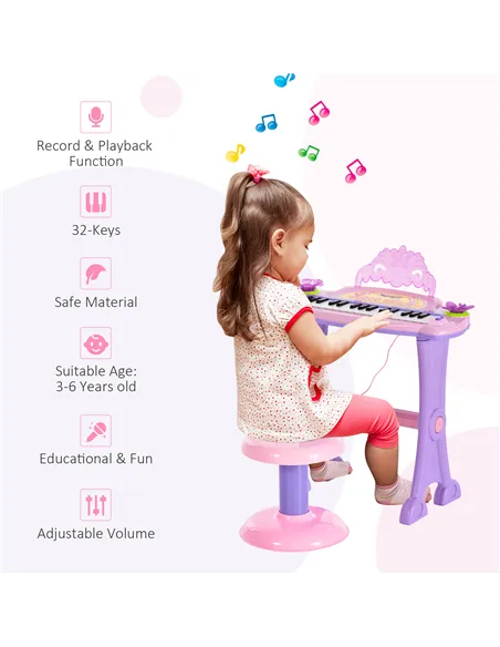 HOMCOM 32 Keys Kids Mini Electronic Keyboard Musical Instrument Educational Game Toy Children Grand Piano Stool Micropho