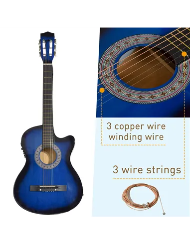HOMCOM 38 Inch Full Size Blue Classical Acoustic Electric Guitar Kids Guitar and Junior Guitar   Premium Gloss Finish w/Case - B