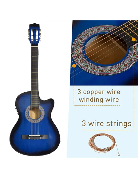 HOMCOM 38 Inch Full Size Blue Classical Acoustic Electric Guitar Kids Guitar and Junior Guitar   Premium Gloss Finish w/Case - B