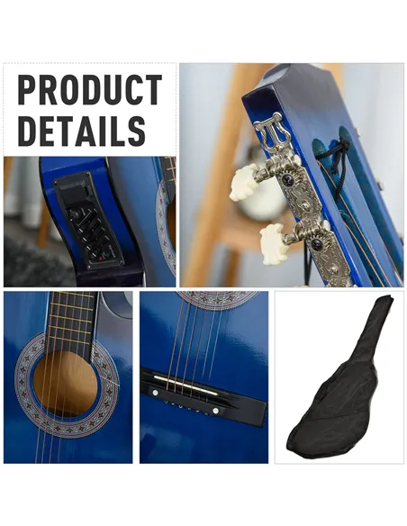 HOMCOM 38 Inch Full Size Blue Classical Acoustic Electric Guitar Kids Guitar and Junior Guitar   Premium Gloss Finish w/Case - B