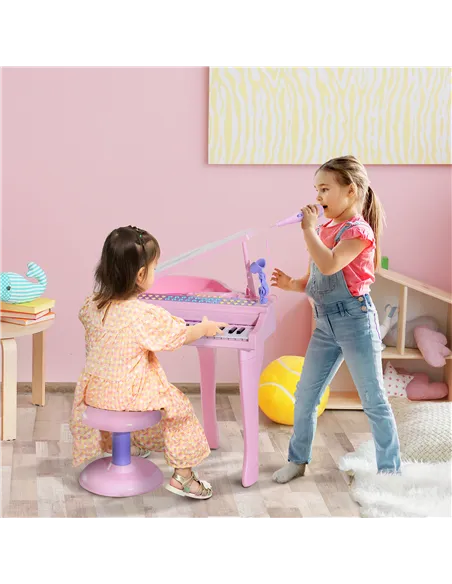 HOMCOM 37 Keys Kids Mini Electronic Keyboard Children Grand Piano with Stool Microphone Light Musical Instrument Educational Gam