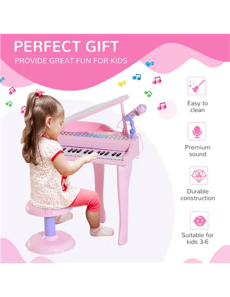 HOMCOM 37 Keys Kids Mini Electronic Keyboard Children Grand Piano with Stool Microphone Light Musical Instrument Educational Gam