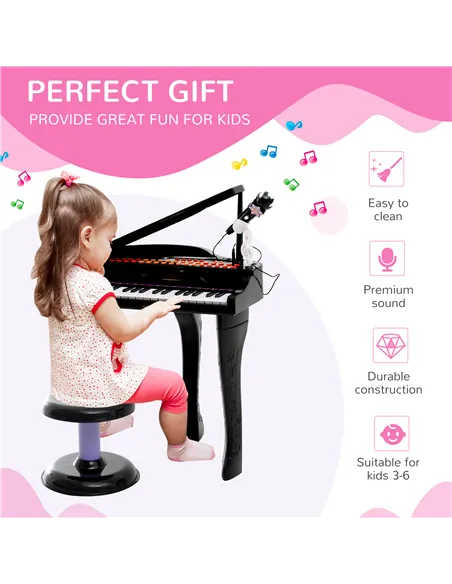 HOMCOM 37 Keys Kids Mini Electronic Keyboard Children Grand Piano with Stool Microphone Light Musical Instrument Educational Gam