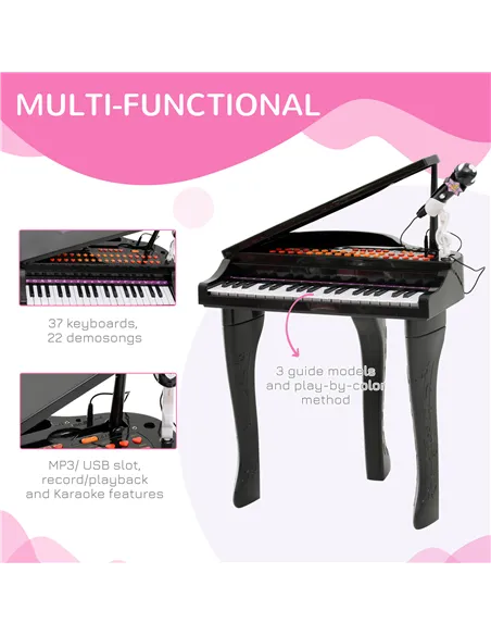 HOMCOM 37 Keys Kids Mini Electronic Keyboard Children Grand Piano with Stool Microphone Light Musical Instrument Educational Gam