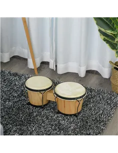 HOMCOM Wooden Bongo Drum Set Φ7.75" & Φ7" w/ Drum Head, Percussion Instrument, Drums, Tuning Wrench For Adults Beginners 2