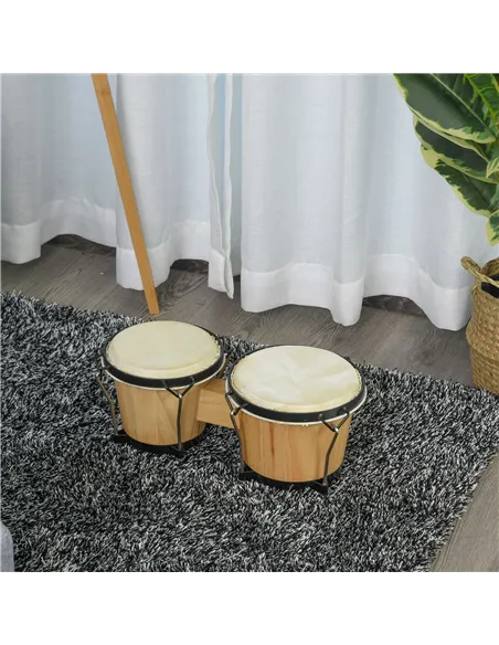 HOMCOM Wooden Bongo Drum Set Φ7.75" & Φ7" w/ Drum Head, Percussion Instrument, Drums, Tuning Wrench For Adults Beginners
