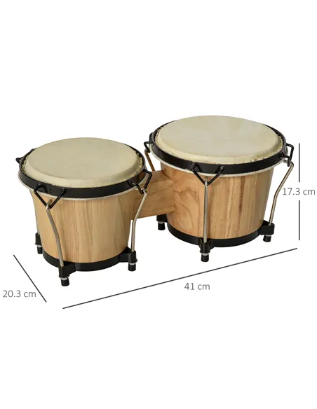 HOMCOM Wooden Bongo Drum Set Φ7.75" & Φ7" w/ Drum Head, Percussion Instrument, Drums, Tuning Wrench For Adults Beginners