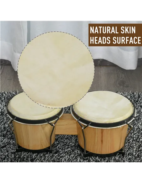 HOMCOM Wooden Bongo Drum Set Φ7.75" & Φ7" w/ Drum Head, Percussion Instrument, Drums, Tuning Wrench For Adults Beginners