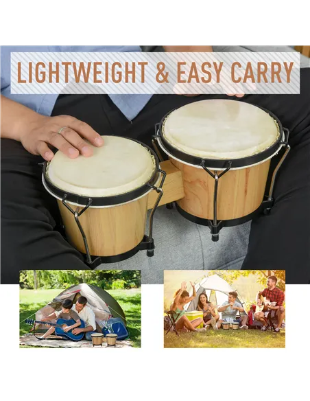 HOMCOM Wooden Bongo Drum Set Φ7.75" & Φ7" w/ Drum Head, Percussion Instrument, Drums, Tuning Wrench For Adults Beginners