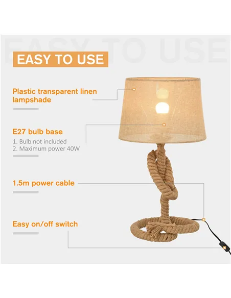 HOMCOM Nautical Style Table Lamp with Fabric Lampshade Metal Frame Power Switch, 48cm Home Desk Lamp Bedroom Living Room Study E