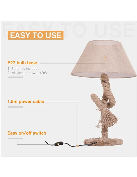 HOMCOM Table Lamp Bedside Light Indispensable Nautical Twisted Rope Glow E27 Bedroom Living Room Beige