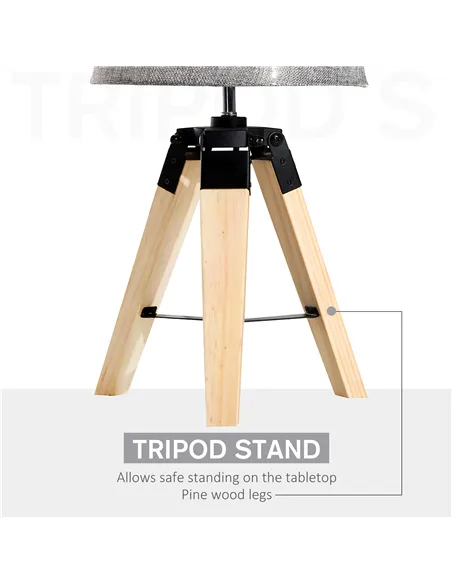 HOMCOM Wooden Tripod Table Lamp for Side, Desk or End Table with E27 Bulb Base（Grey Shade）