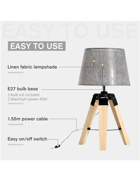 HOMCOM Wooden Tripod Table Lamp for Side, Desk or End Table with E27 Bulb Base（Grey Shade）