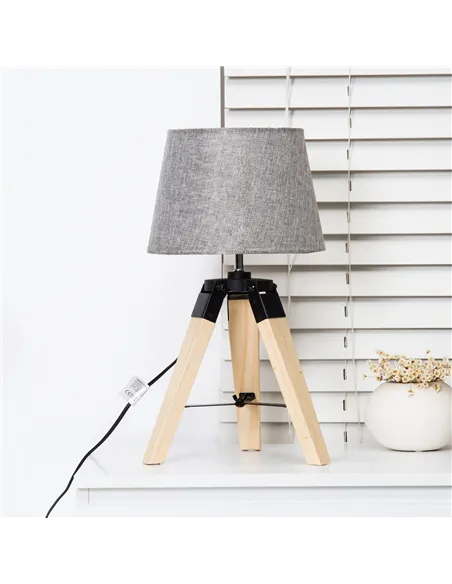 HOMCOM Wooden Tripod Table Lamp for Side, Desk or End Table with E27 Bulb Base（Grey Shade）