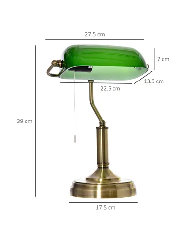 HOMCOM Banker's Desk Lamp with Antique Bronze Tone Base, Table Lamp with Green Glass Shade for Home Office, Green