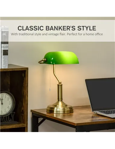 HOMCOM Banker's Desk Lamp with Antique Bronze Tone Base, Table Lamp with Green Glass Shade for Home Office, Green