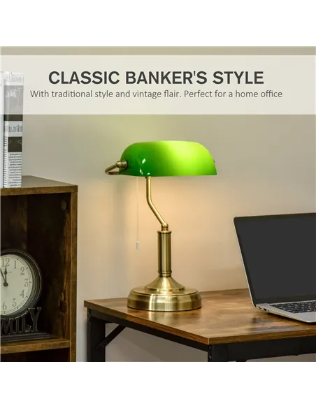 HOMCOM Banker's Desk Lamp with Antique Bronze Tone Base, Table Lamp with Green Glass Shade for Home Office, Green