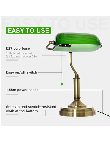 HOMCOM Banker's Desk Lamp with Antique Bronze Tone Base, Table Lamp with Green Glass Shade for Home Office, Green
