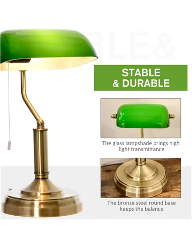 HOMCOM Banker's Desk Lamp with Antique Bronze Tone Base, Table Lamp with Green Glass Shade for Home Office, Green