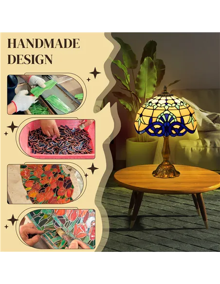 HOMCOM Stained Glass Table Lamp, Handmade Antique Bedside Lamp for Bedroom, Living room, Home, Nightstand, Decorative Night Ligh
