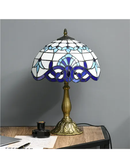HOMCOM Stained Glass Table Lamp, Handmade Antique Bedside Lamp for Bedroom, Living room, Home, Nightstand, Decorative Night Ligh