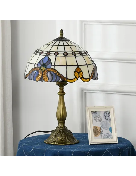 HOMCOM Stained Glass Table Lamp, Handmade Antique Bedside Lamp, Decorative Night Light for Bedroom, Living room, Home, Nightstan