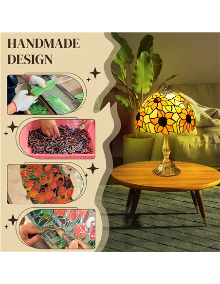 HOMCOM Stained Glass Table Lamp, Handmade Antique Bedside Lamp for Bedroom, Living room, Home, Nightstand, Decorative Night Ligh