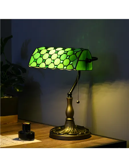 HOMCOM Stained Glass Table Lamp, Vintage Lamp with Green Handmade Shade, Metal Base, Antique Bedside Lamp for Bedroom Living Roo