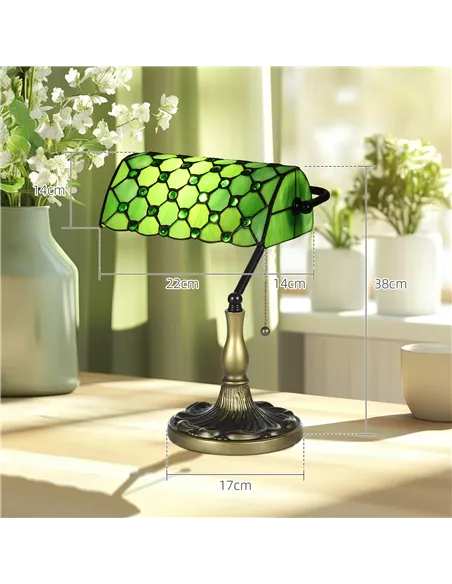 HOMCOM Stained Glass Table Lamp, Vintage Lamp with Green Handmade Shade, Metal Base, Antique Bedside Lamp for Bedroom Living Roo