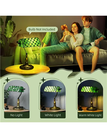 HOMCOM Stained Glass Table Lamp, Vintage Lamp with Green Handmade Shade, Metal Base, Antique Bedside Lamp for Bedroom Living Roo