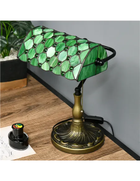 HOMCOM Stained Glass Table Lamp, Vintage Lamp with Green Handmade Shade, Metal Base, Antique Bedside Lamp for Bedroom Living Roo