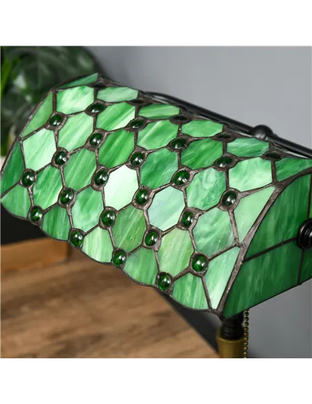 HOMCOM Stained Glass Table Lamp, Vintage Lamp with Green Handmade Shade, Metal Base, Antique Bedside Lamp for Bedroom Living Roo