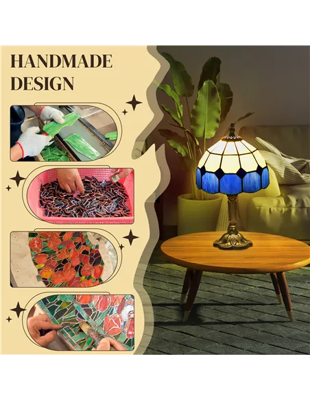 HOMCOM Handmade Stained Glass Table Lamp, Antique Bedside Lamp for Bedroom, Living room, Home, Nightstand, Decorative Night Ligh
