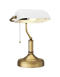 HOMCOM Banker's Desk Lamp with Antique Bronze Tone Base, Table Lamp with White Glass Shade for Home Office, White