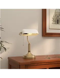 HOMCOM Banker's Desk Lamp with Antique Bronze Tone Base, Table Lamp with White Glass Shade for Home Office, White 2