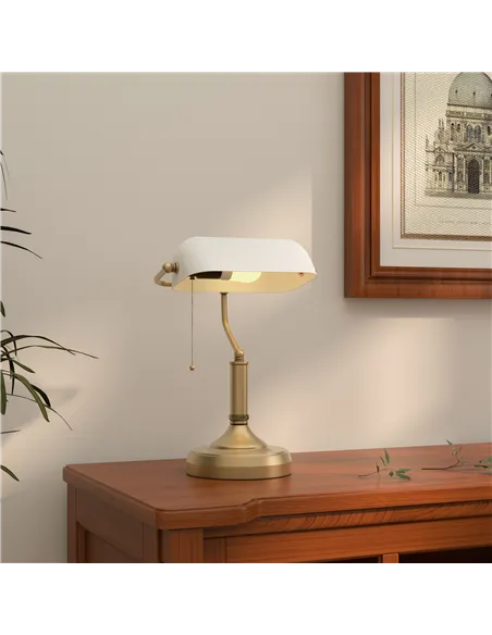 HOMCOM Banker's Desk Lamp with Antique Bronze Tone Base, Table Lamp with White Glass Shade for Home Office, White