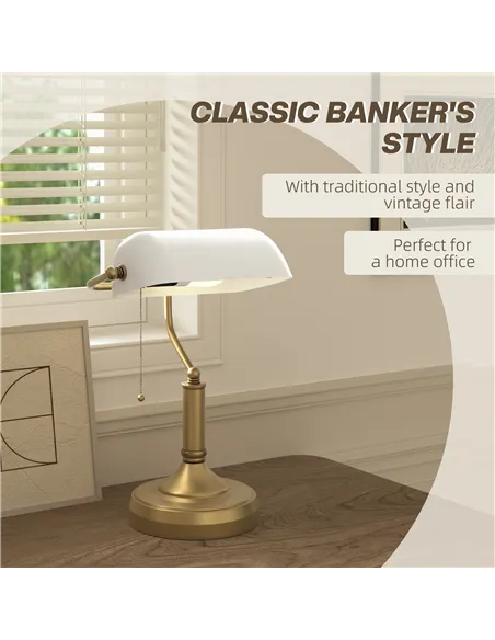 HOMCOM Banker's Desk Lamp with Antique Bronze Tone Base, Table Lamp with White Glass Shade for Home Office, White